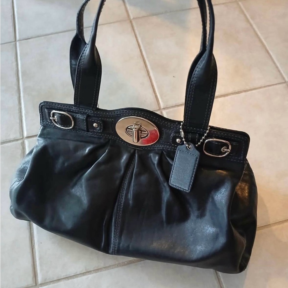 Coach Garnet Black Leather Pleated Handbag with lavender interior